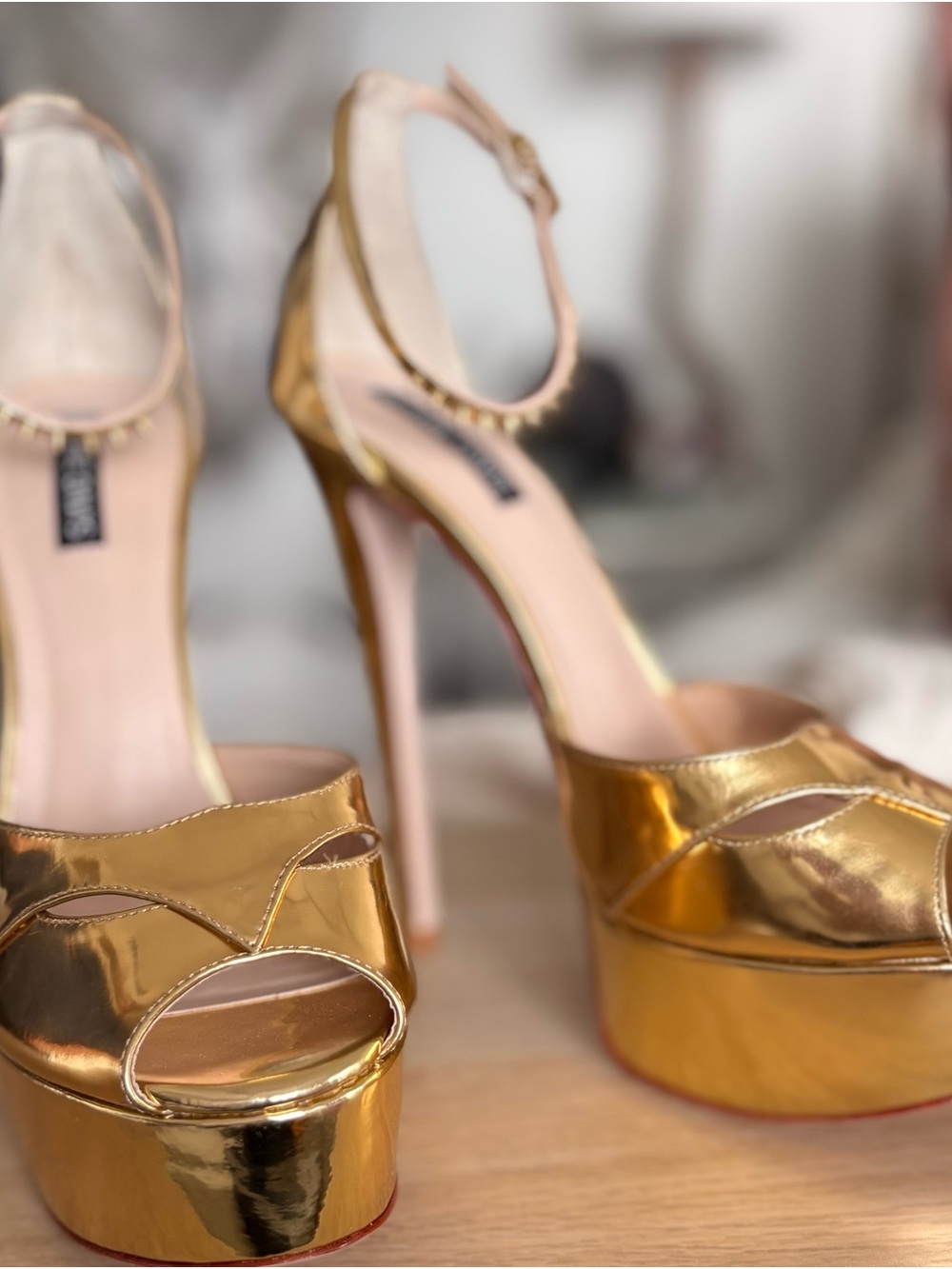 Ruthie Davis Metallic Gold Platform Peep-Toe Ankle Strap Heels